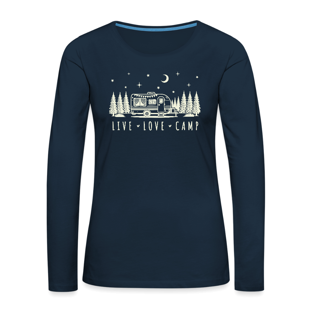 Live Love Camp Women’s Long Sleeve Tee – Night Sky Camper Color: deep navy