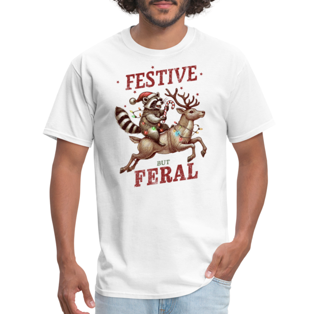 Festive But Feral Raccoon Christmas T-Shirt - white