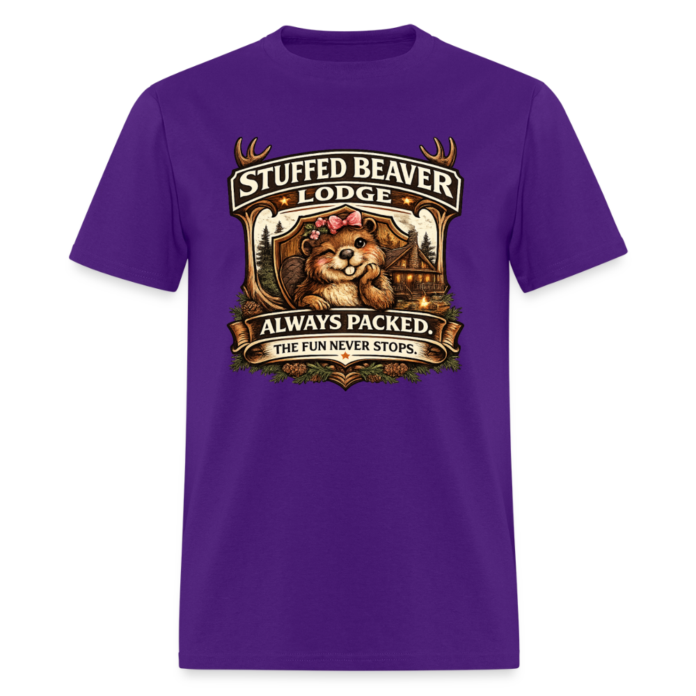 Stuffed Beaver Lodge Funny Adult T-Shirt Color: Purple