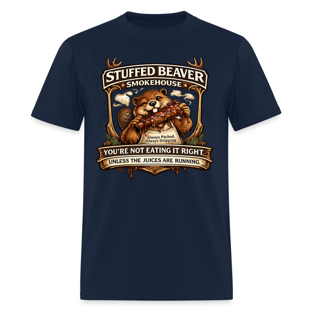 Stuffed Beaver Smokehouse Funny T-Shirt Color: Navy
