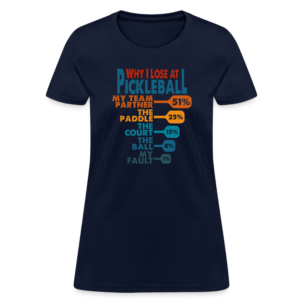 Why I Lose at Pickleball Women's Contoured T-Shirt - navy