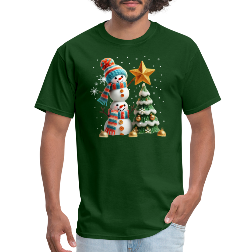 Cute Christmas Funny Snowman Decorating Tree T-Shirt - forest green