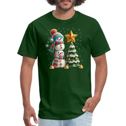 Cute Christmas Funny Snowman Decorating Tree T-Shirt - forest green