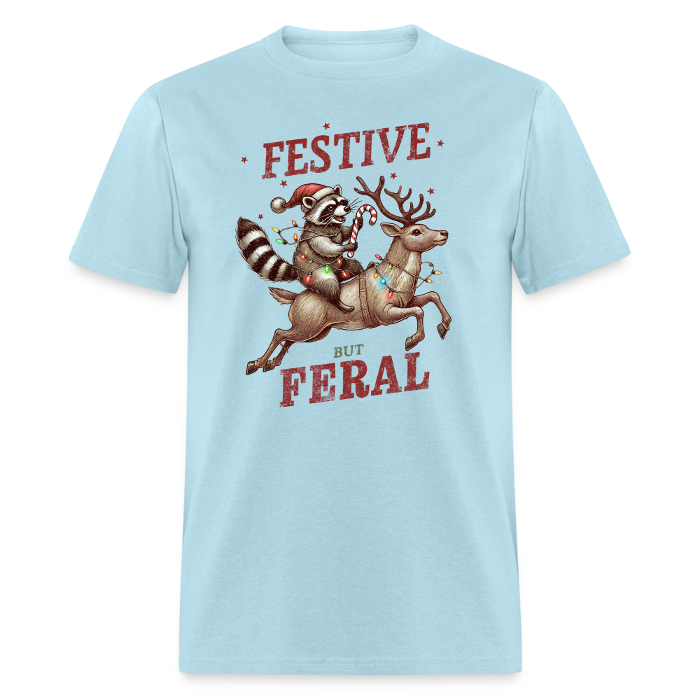 Festive But Feral Raccoon Christmas T-Shirt - powder blue