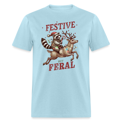 Festive But Feral Raccoon Christmas T-Shirt - powder blue