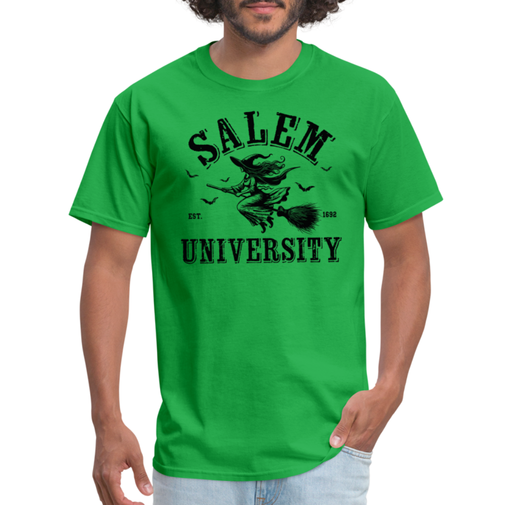 Salem University T-Shirt (Halloween Witch Riding Broom) - bright green