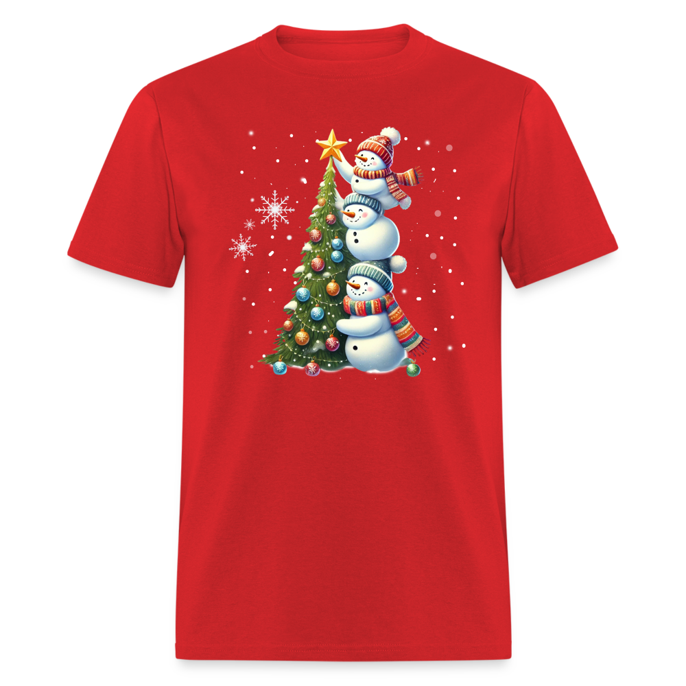 Cute Snowman Decorating Christmas Tree T-Shirt - red