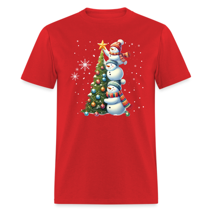 Cute Snowman Decorating Christmas Tree T-Shirt - red