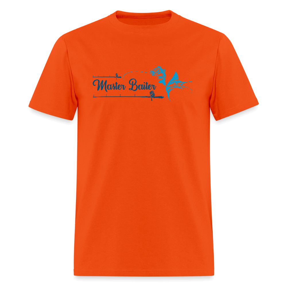 Master Baiter T-Shirt with Hooked Fish and Cursive Text - orange