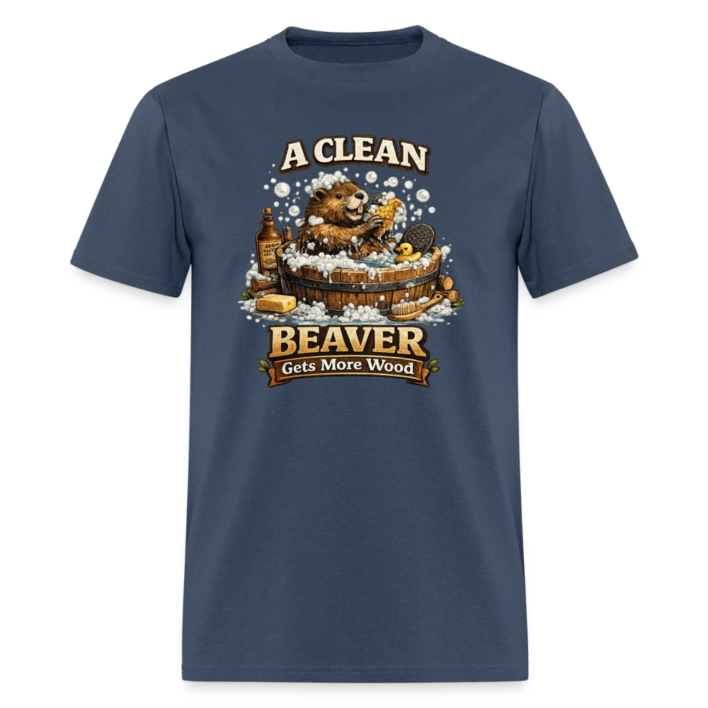 A Clean Beaver Gets More Wood Funny Adult Tee Color: blue dusk