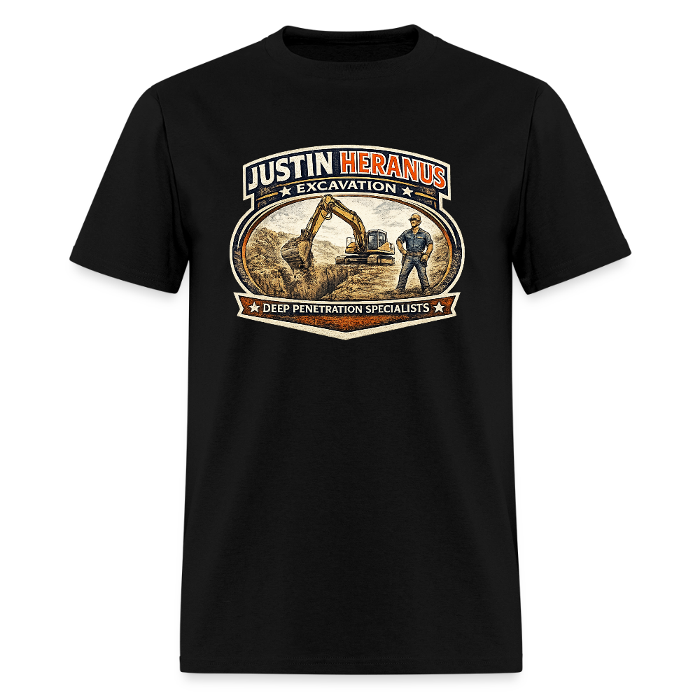 Justin Heranus Excavation T-Shirt Funny Adult Humor Tee - black