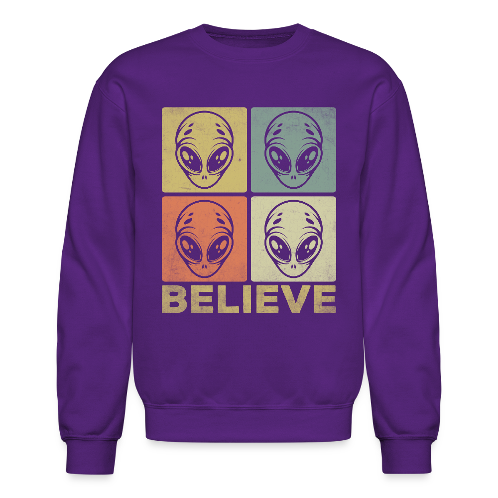 Believe Alien Sweatshirt – Fun UFO Style with Alien Faces Color: purple