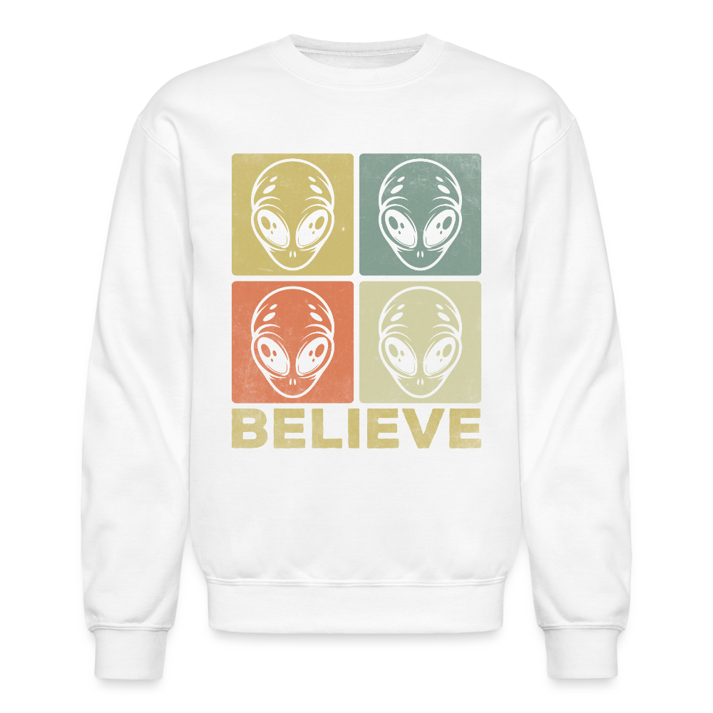 Believe Alien Sweatshirt – Fun UFO Style with Alien Faces Color: white