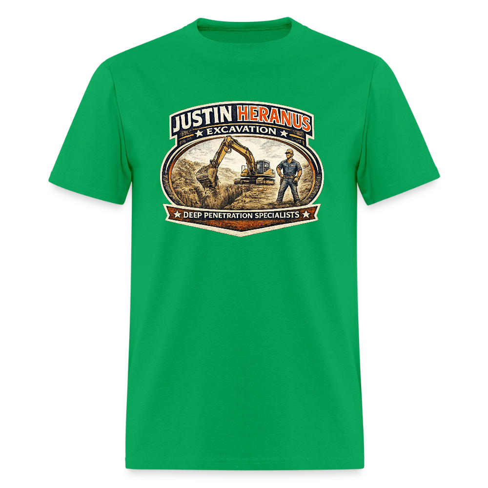 Justin Heranus Excavation T-Shirt Funny Adult Humor Tee - bright green