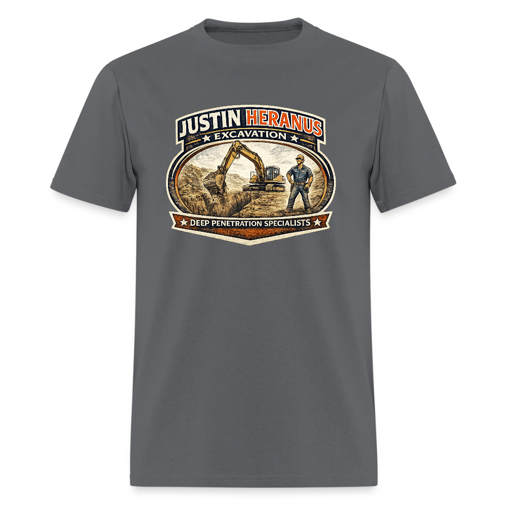 Justin Heranus Excavation T-Shirt Funny Adult Humor Tee - charcoal