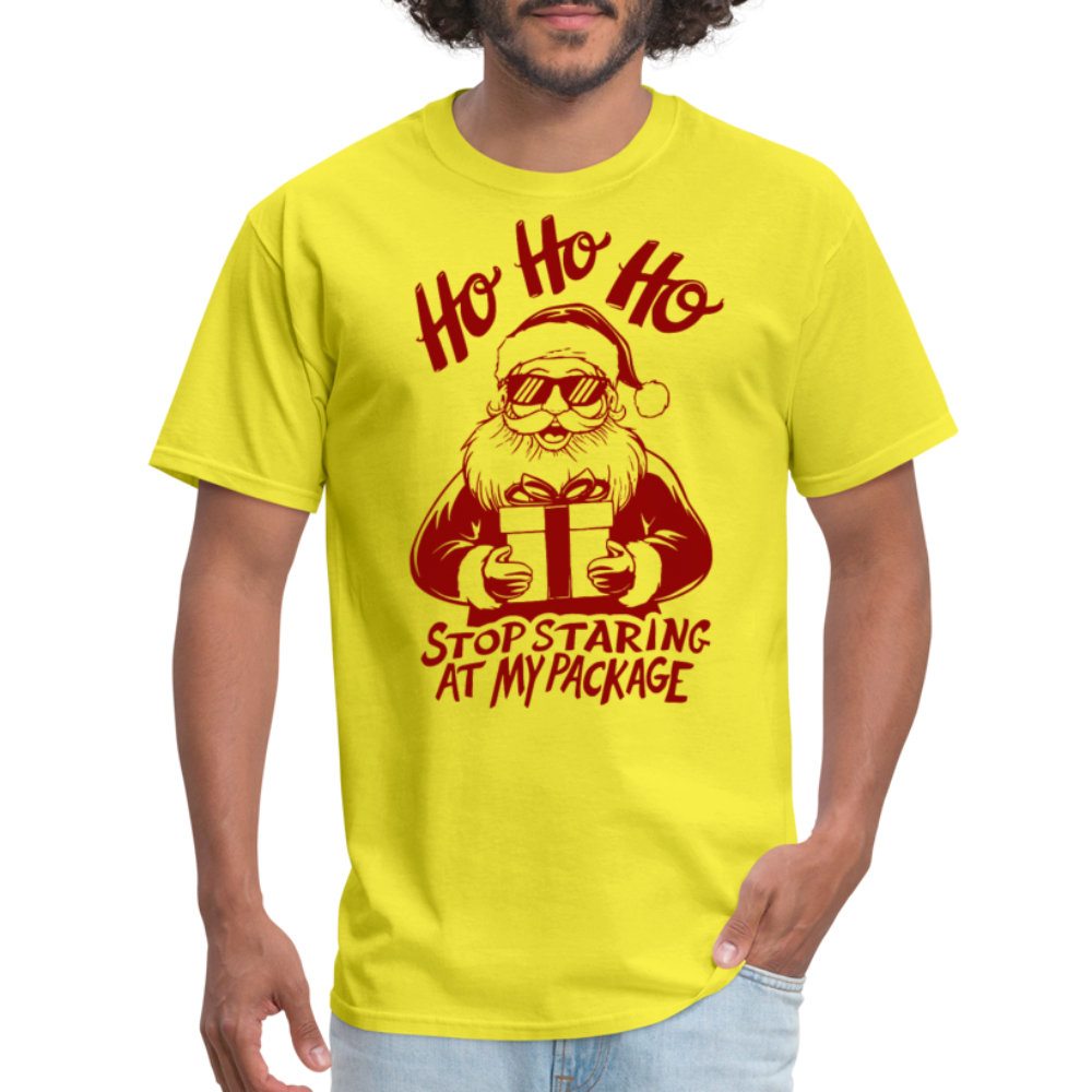 Ho Ho Ho Stop Staring Ay My Package (Funny Christmas Santa) T-Shirt - yellow