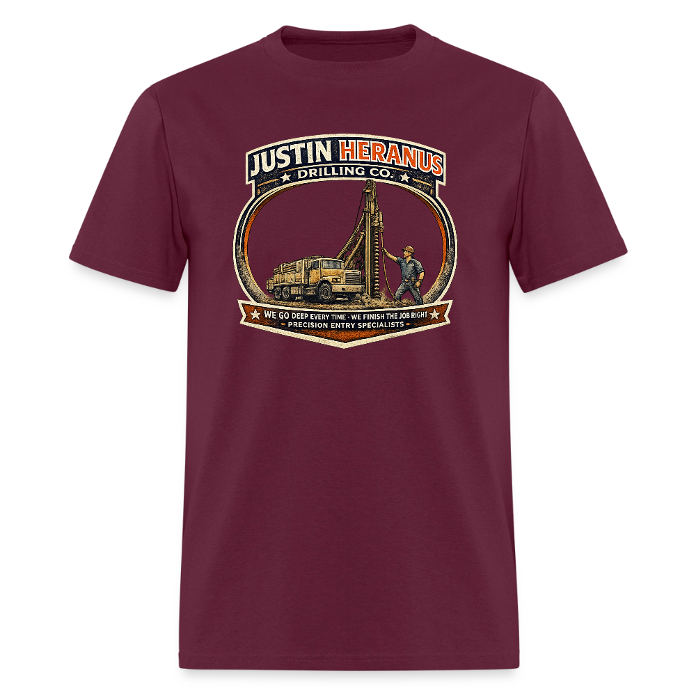 Justin Heranus Drilling Co T-Shirt Funny Adult Humor Tee - burgundy