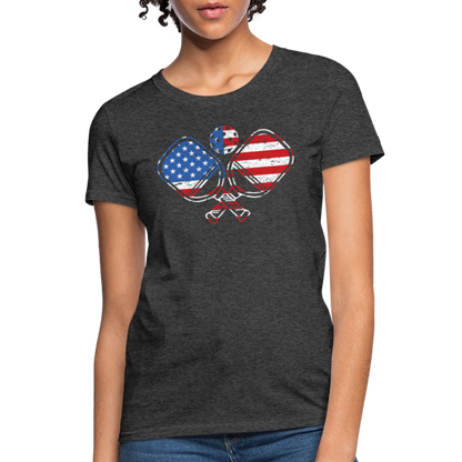 American Flag Pickleball Paddle Women's Contoured T-Shirt - heather black