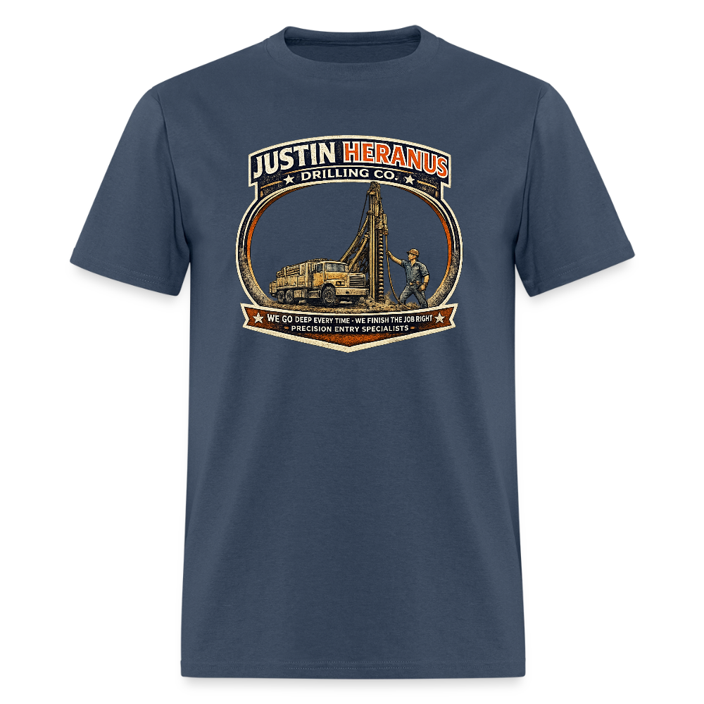 Justin Heranus Drilling Co T-Shirt Funny Adult Humor Tee -  blue dusk