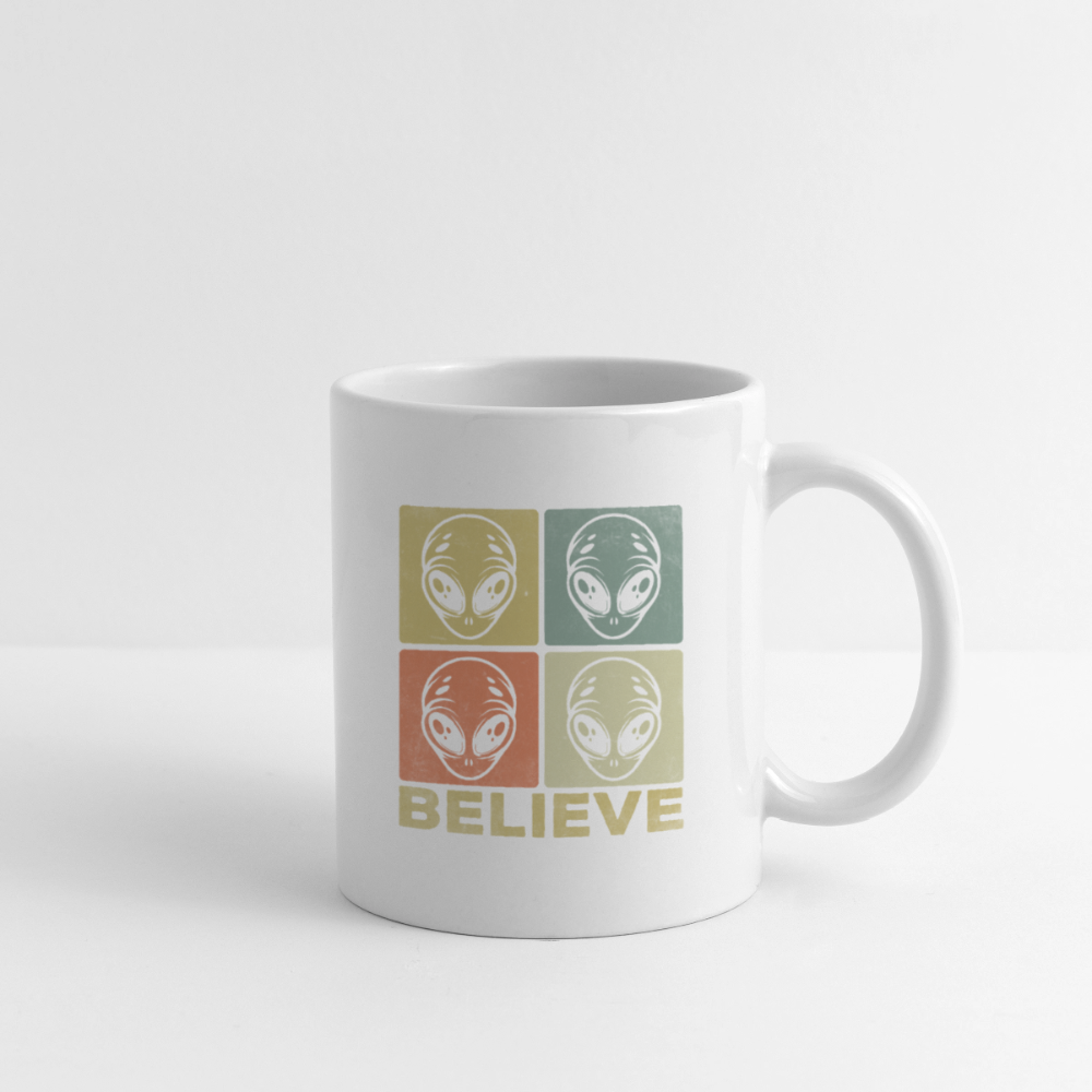Believe Alien Coffee Mug – Funny UFO Mug with Alien Faces - white