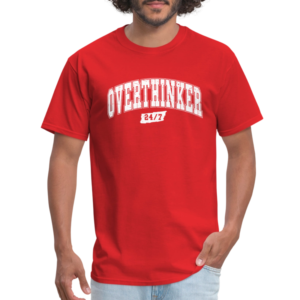 Overthinker 24/7 Funny T-Shirt – White Arched Letters Color: heather black