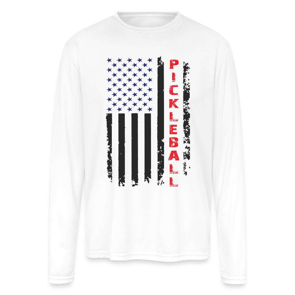 Pickleball Flag Men’s Performance Long Sleeve Shirt – Patriotic & Game Ready - white