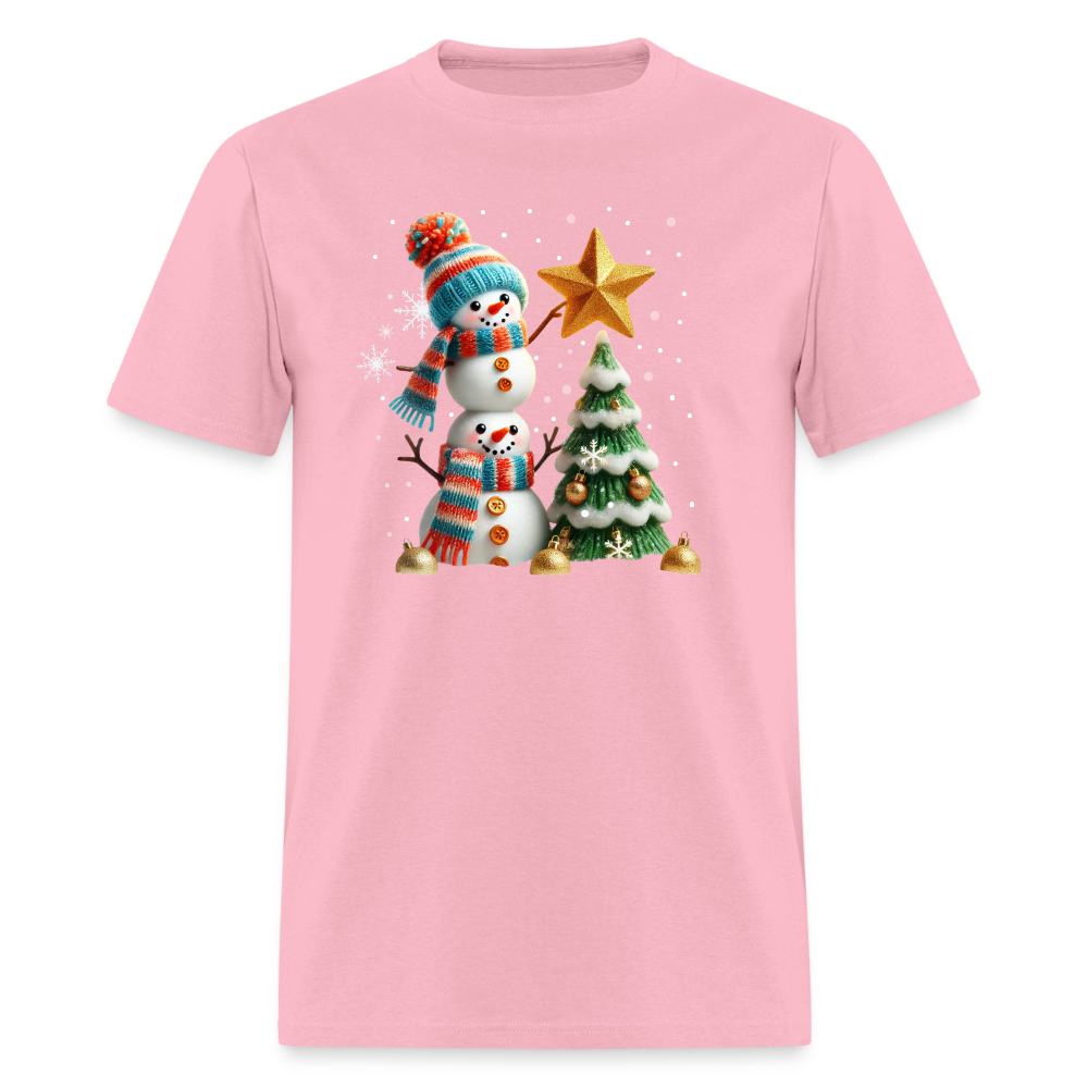 Cute Christmas Funny Snowman Decorating Tree T-Shirt - pink