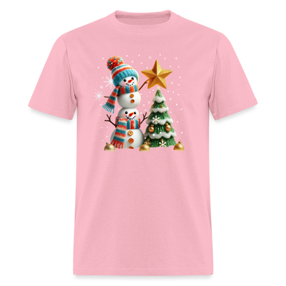 Cute Christmas Funny Snowman Decorating Tree T-Shirt - pink