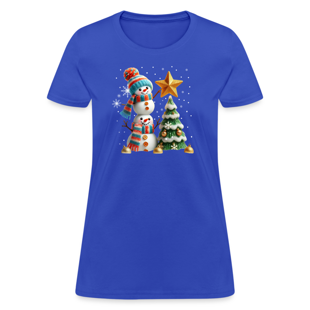 Cute Christmas Funny Snowman Decorating Tree Women's Contoured T-Shirt - royal blue