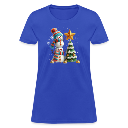 Cute Christmas Funny Snowman Decorating Tree Women's Contoured T-Shirt - royal blue