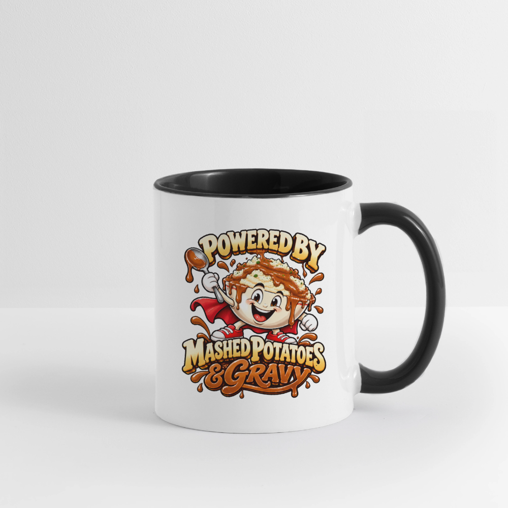 Powered by Mashed Potatoes & Gravy – Superhero Coffee Mug - white/black