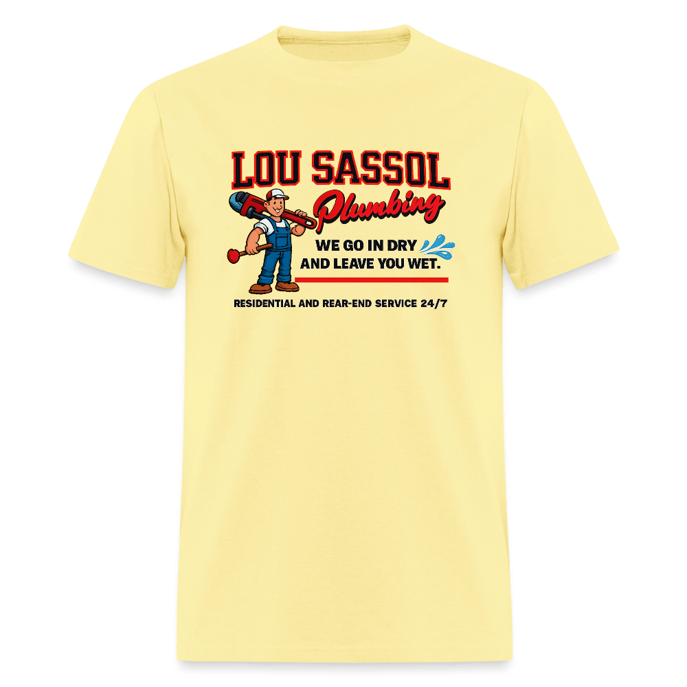 Lou Sassol Plumbing Funny Men’s T-Shirt – Adult Humor Graphic Tee Color: cornsilk
