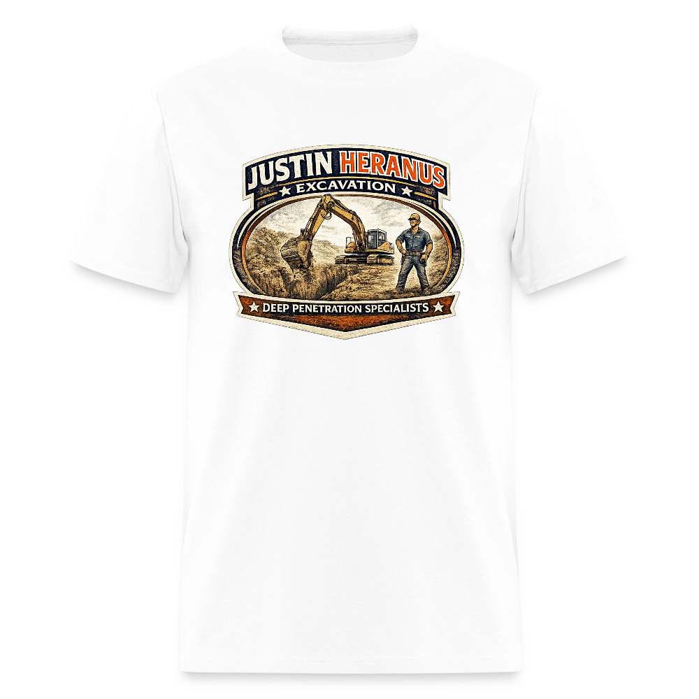 Justin Heranus Excavation T-Shirt Funny Adult Humor Tee - white