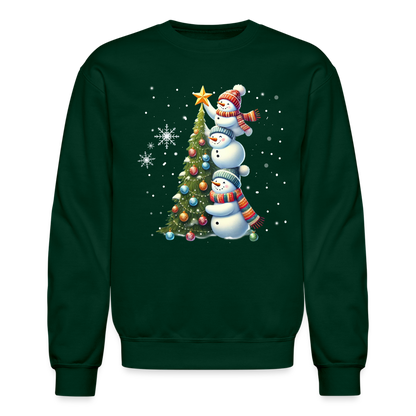 Cute Snowman Decorating Christmas Tree Sweatshirt - forest green