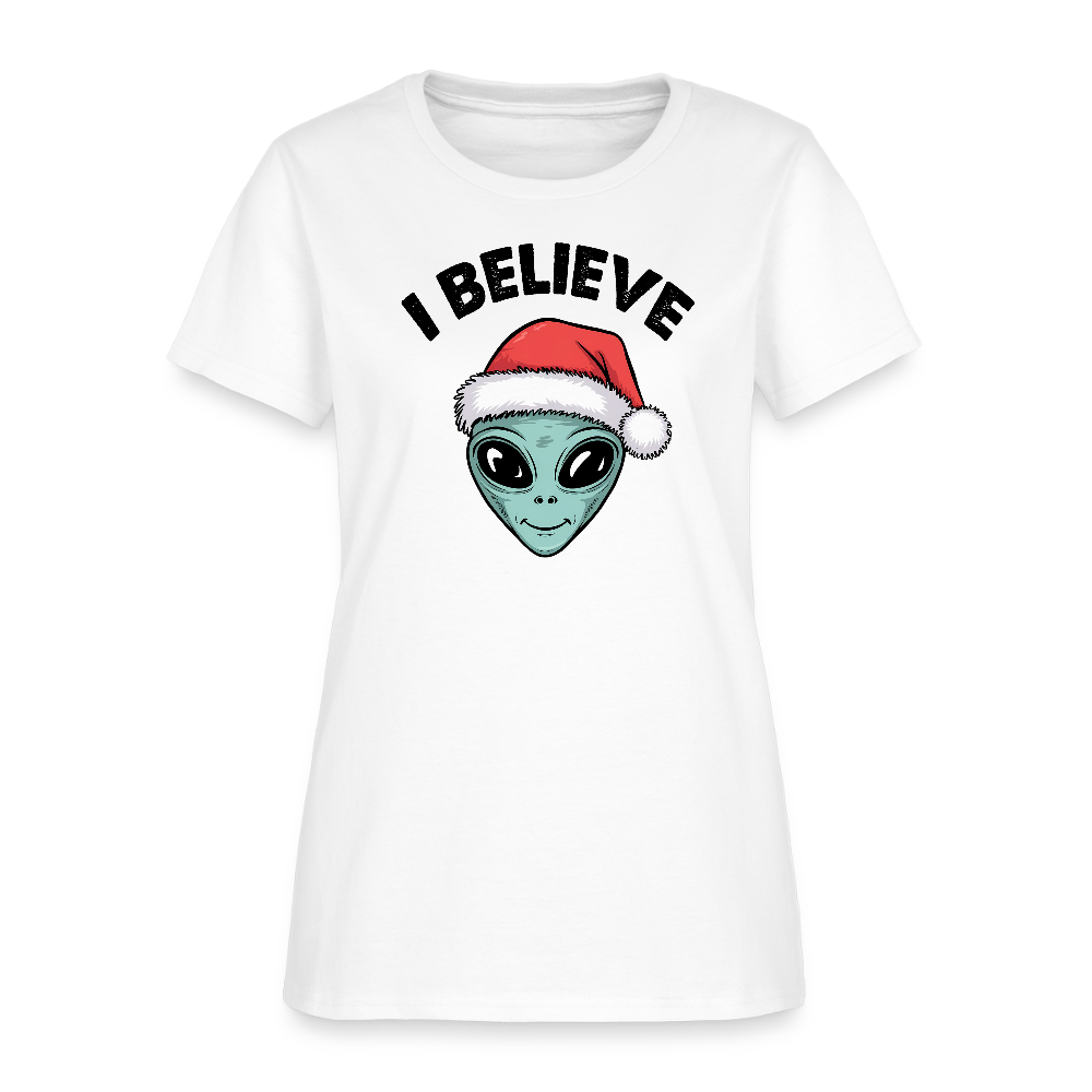 I Believe in Santa Women’s T-Shirt – Alien Christmas Tee Color: white