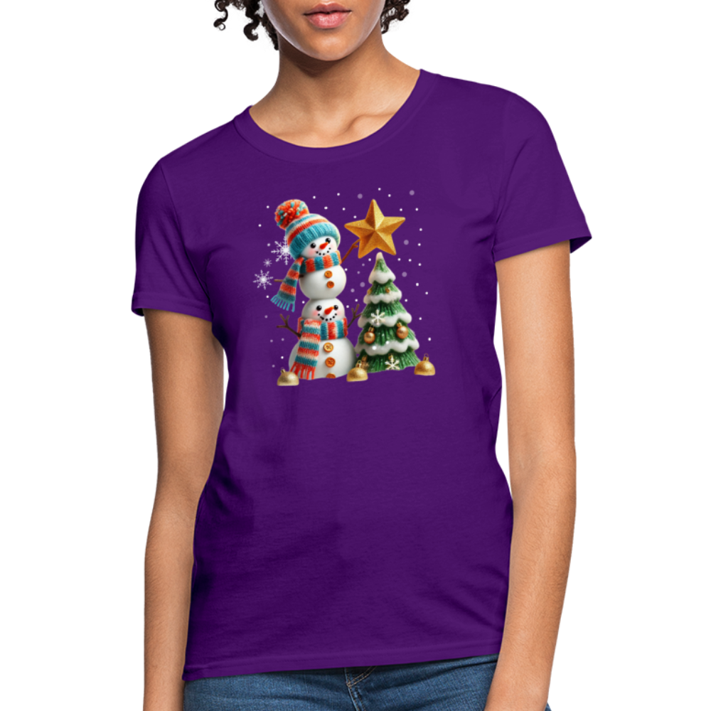 Cute Christmas Funny Snowman Decorating Tree Women's Contoured T-Shirt - purple