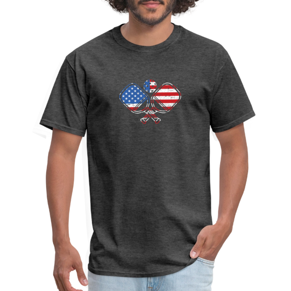 American Flag Pickleball Paddle T-Shirt - heather black