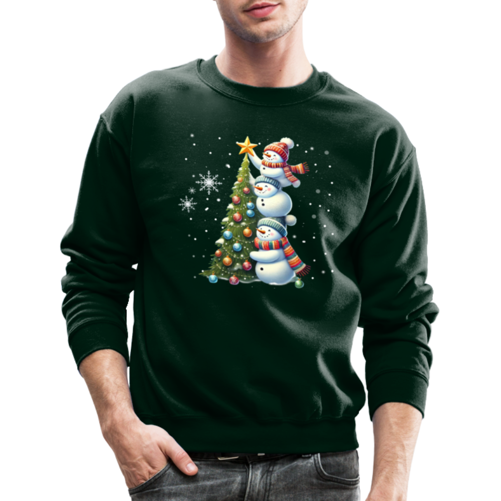 Cute Snowman Decorating Christmas Tree Sweatshirt - forest green