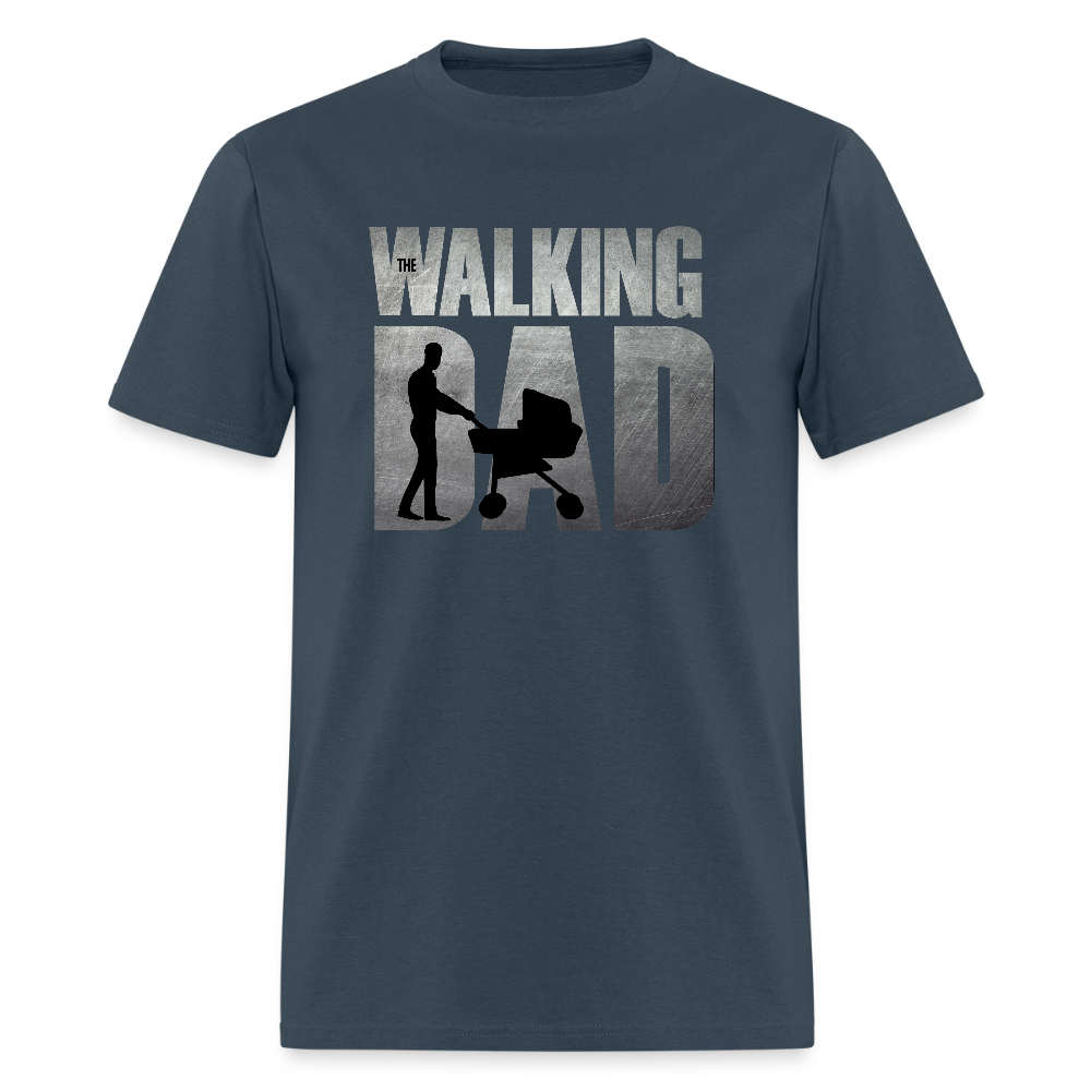 The Walking Dad T-Shirt – Funny Parody with Stroller Graphic in Movie-Style Design Color: blue dusk
