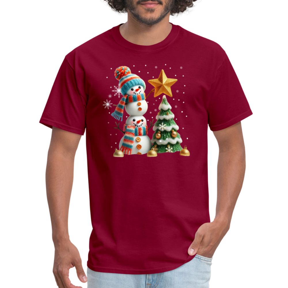 Cute Christmas Funny Snowman Decorating Tree T-Shirt - burgundy