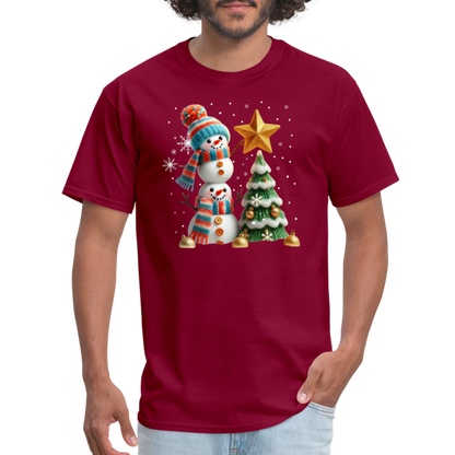 Cute Christmas Funny Snowman Decorating Tree T-Shirt - burgundy