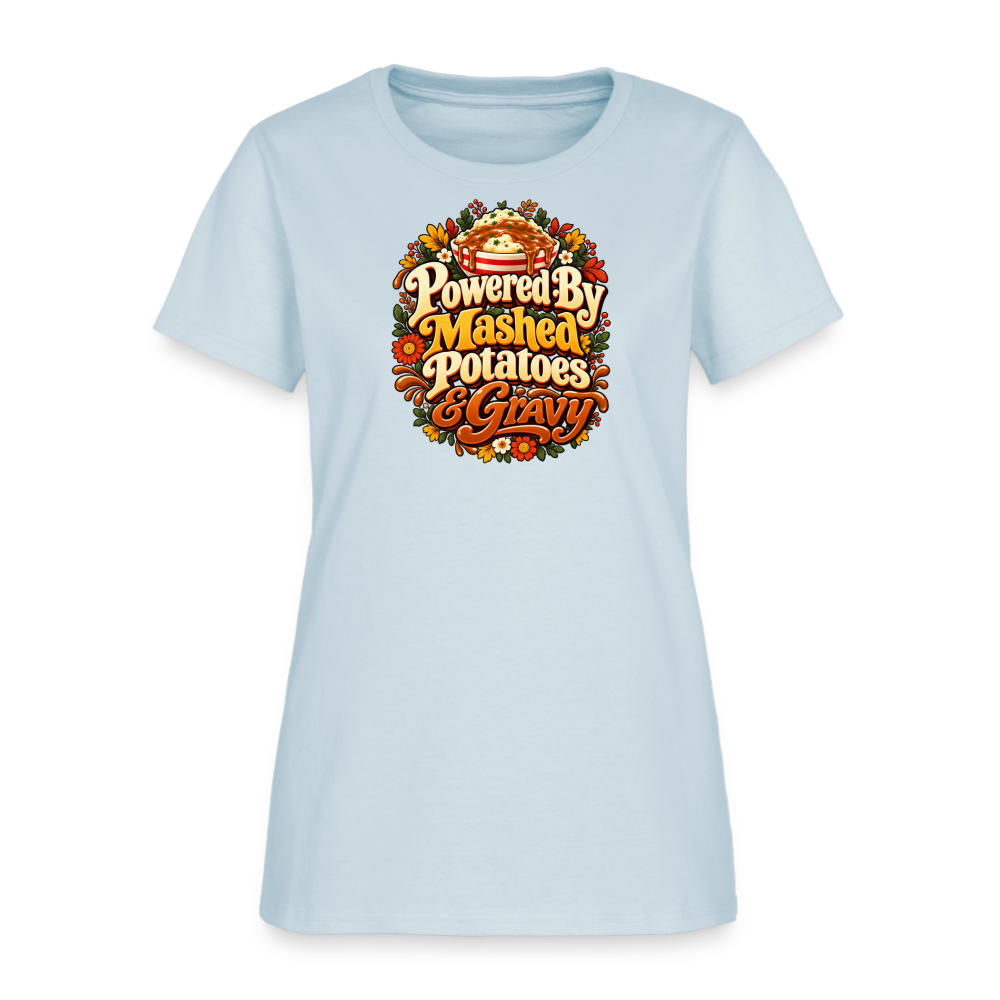 Powered by Mashed Potatoes & Gravy – Fall Floral Women’s T-Shirt - light blue
