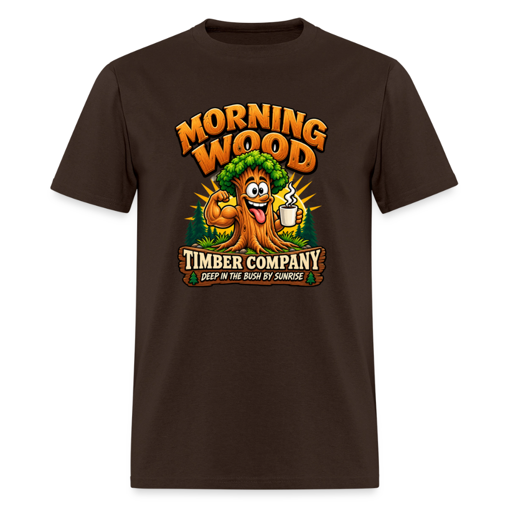 Morning Wood Timber Company Funny Adult Humor T-Shirt – Deep in the Bush by Sunrise Color: Brown