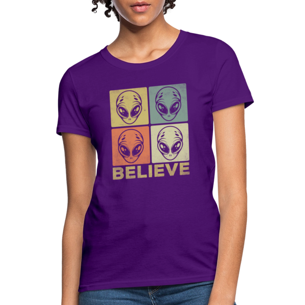 Believe Alien Women’s T-Shirt – Cute UFO Style with Alien Faces - purple