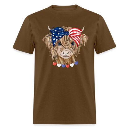 Patriotic Highland Cow T-Shirt Color: brown
