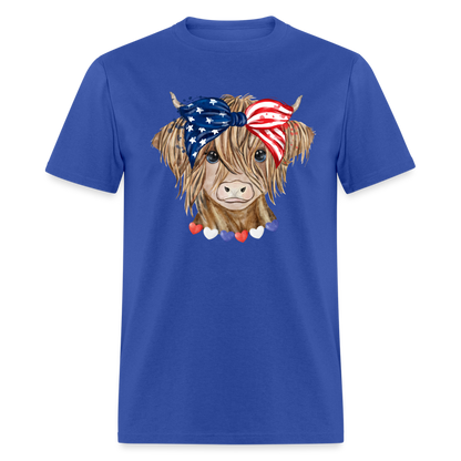 Patriotic Highland Cow T-Shirt Color: royal blue