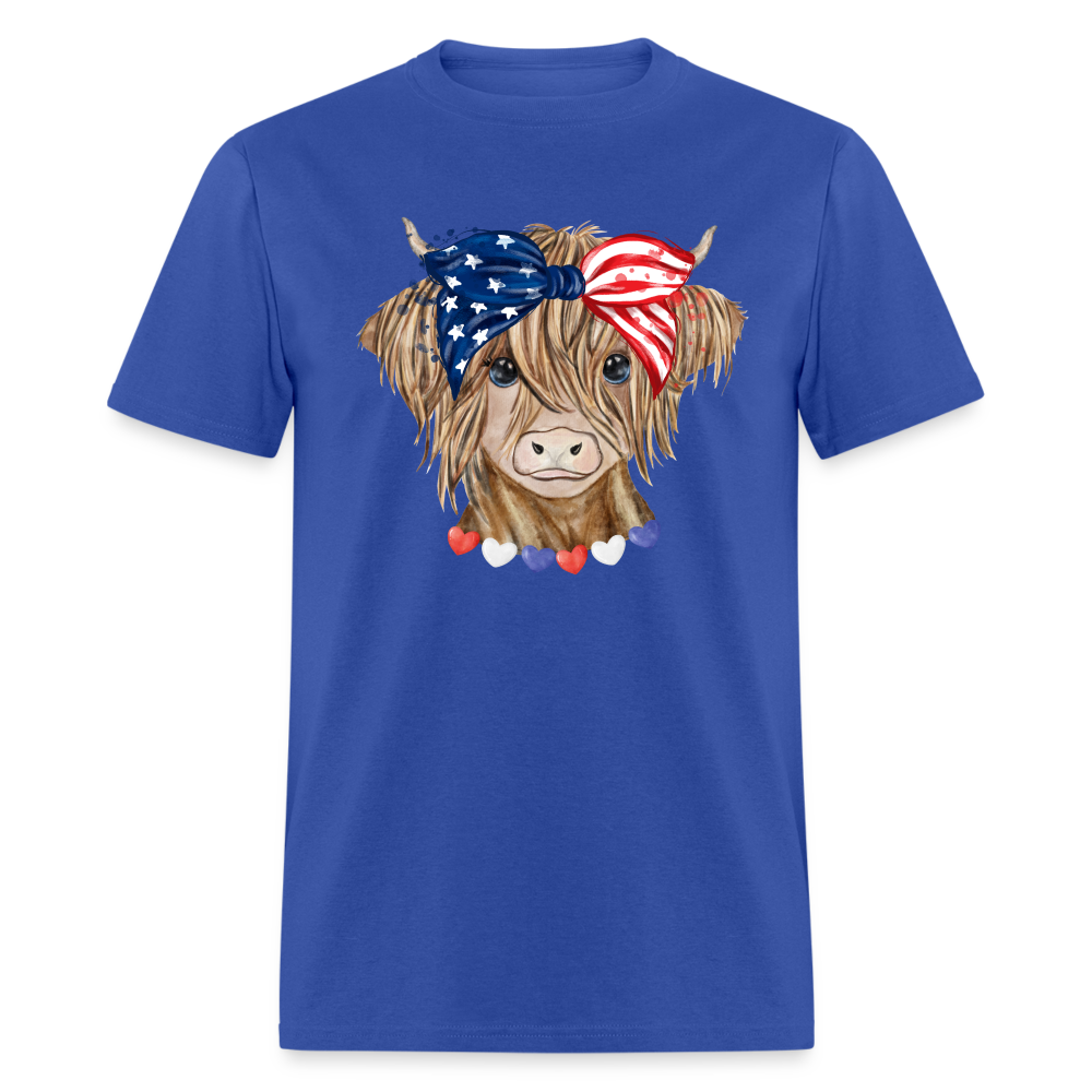 Patriotic Highland Cow T-Shirt Color: royal blue