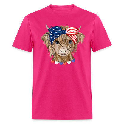 Patriotic Highland Cow T-Shirt Color: fuchsia
