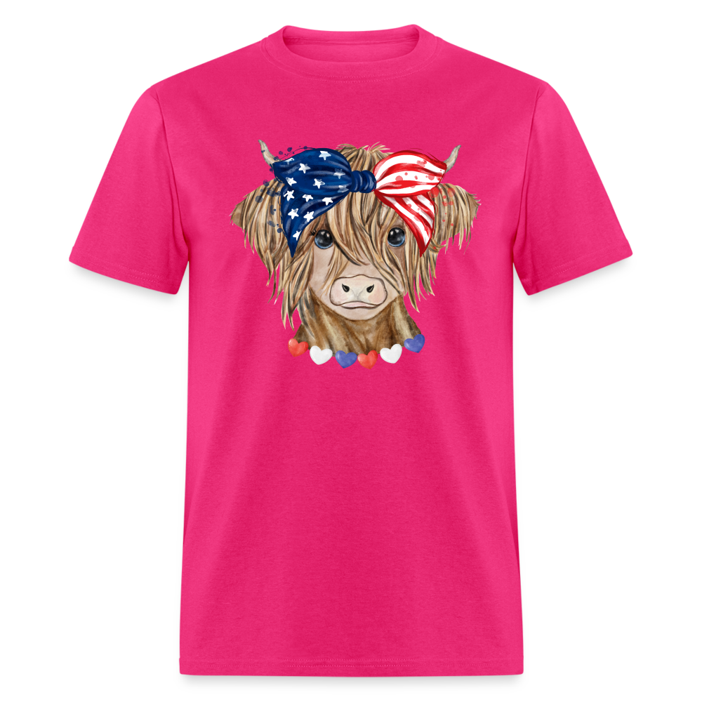Patriotic Highland Cow T-Shirt Color: fuchsia