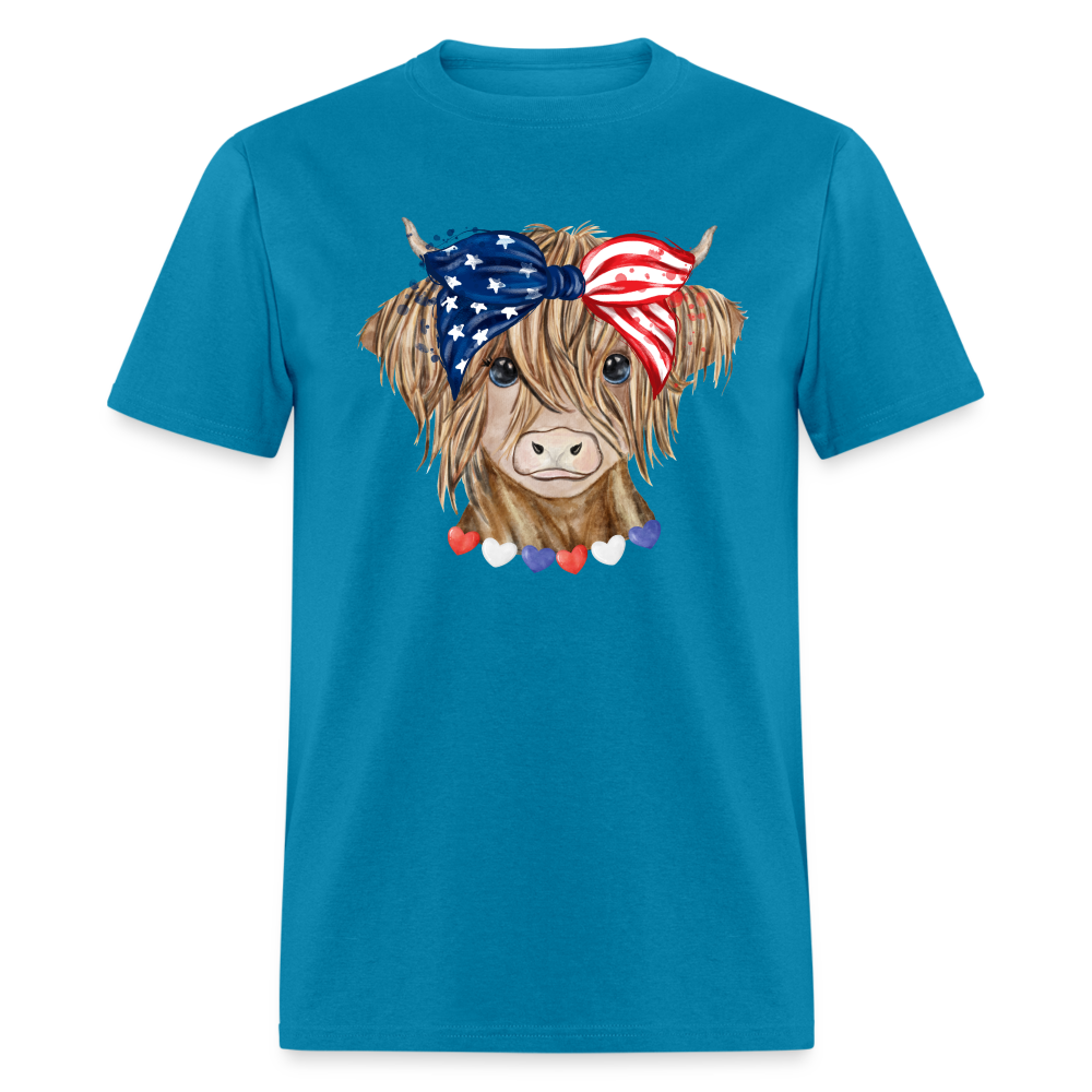 Patriotic Highland Cow T-Shirt Color: turquoise